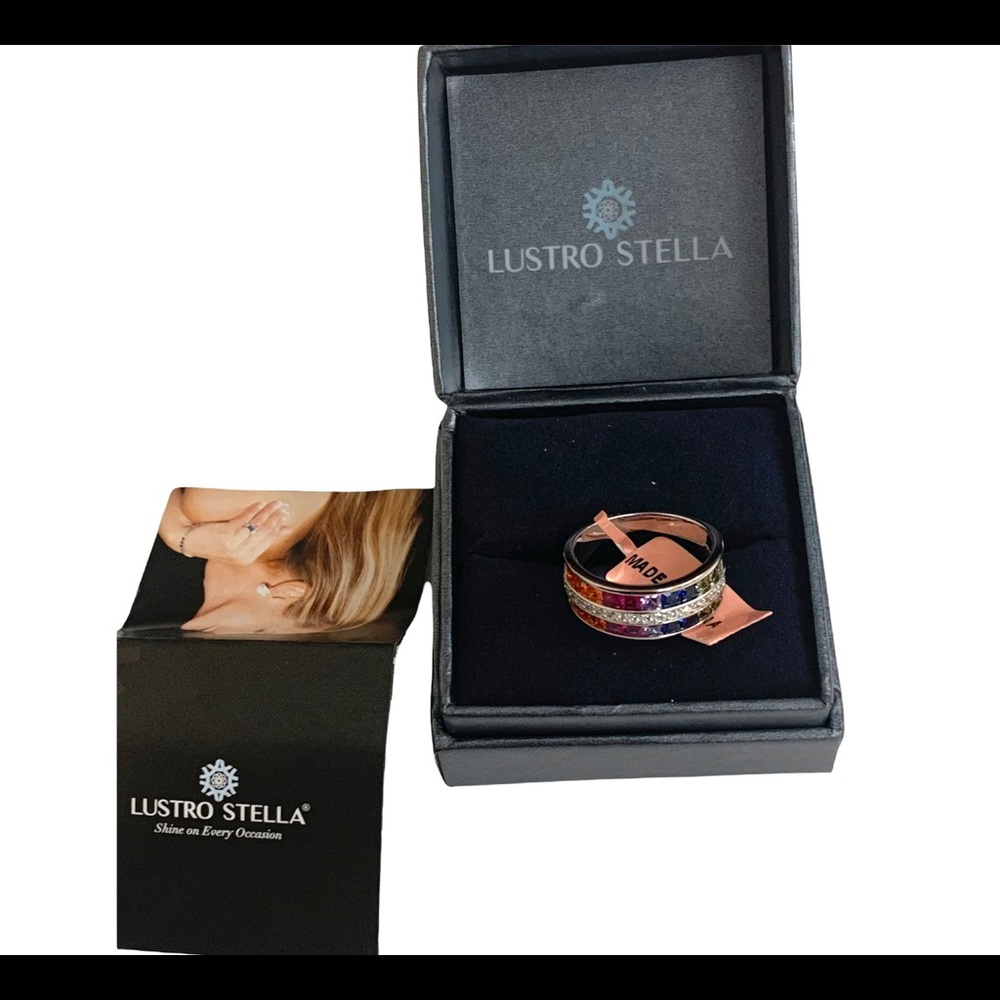 Lustro Stella 925 Sterling Silver Rainbow CZ Band Ring | Multi-Color Gemstone - Picture 7 of 7
